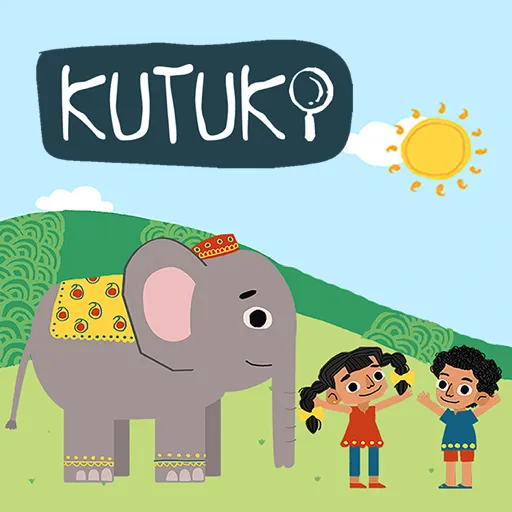 An animation with a few kids and an elephant with kutuki written on the top