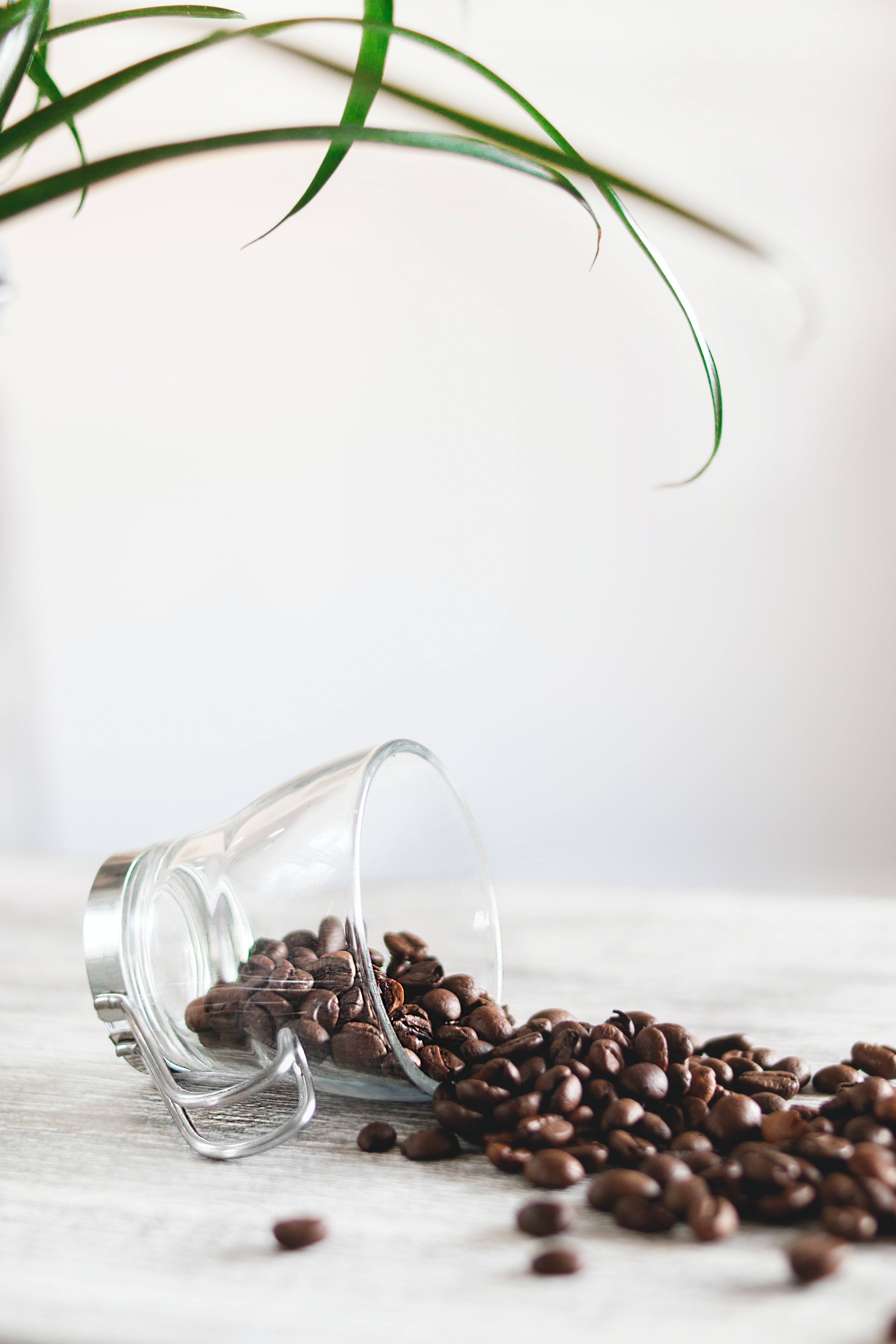 Coffee beans flowing from a glass on a table