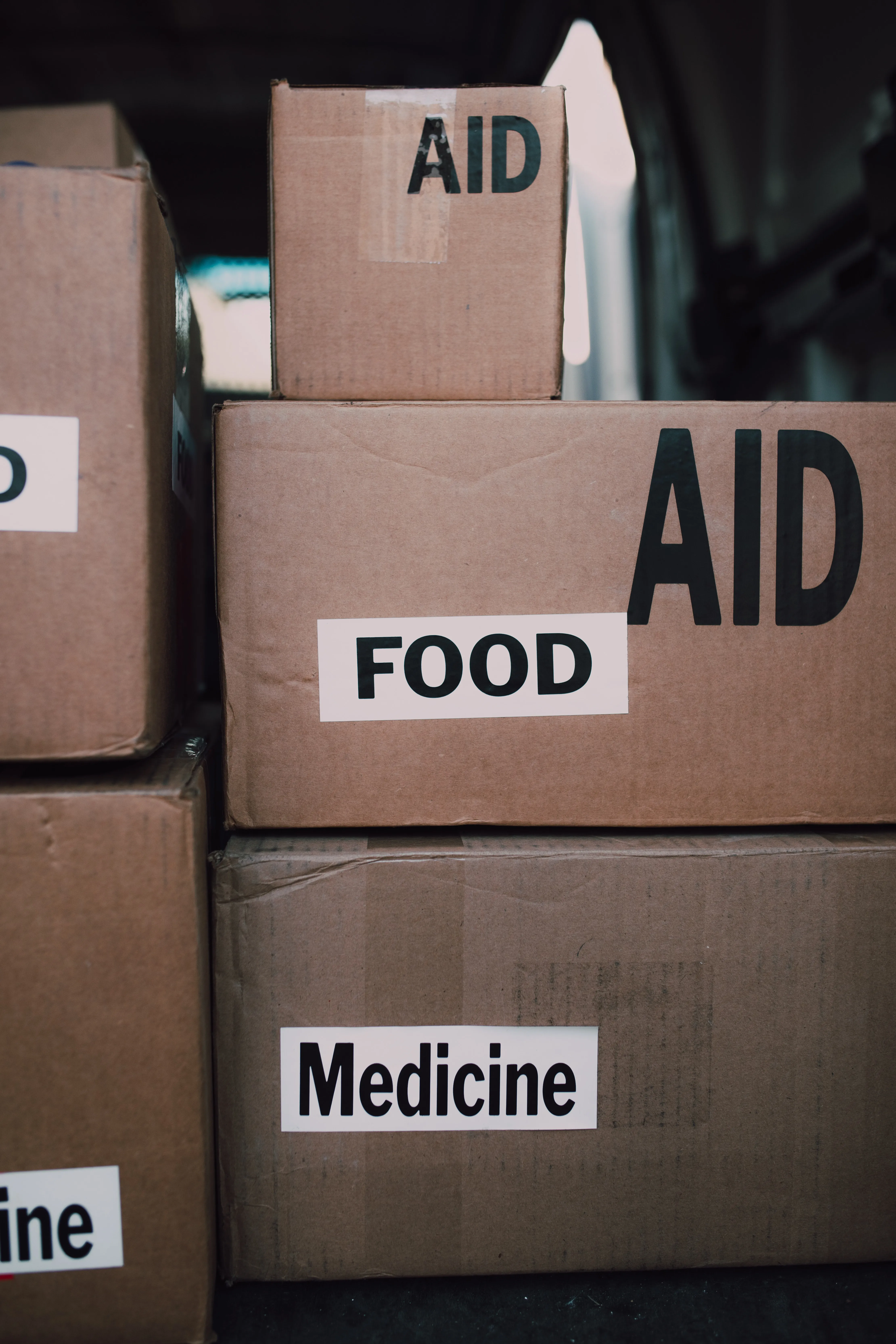 boxes of food and medicine aid