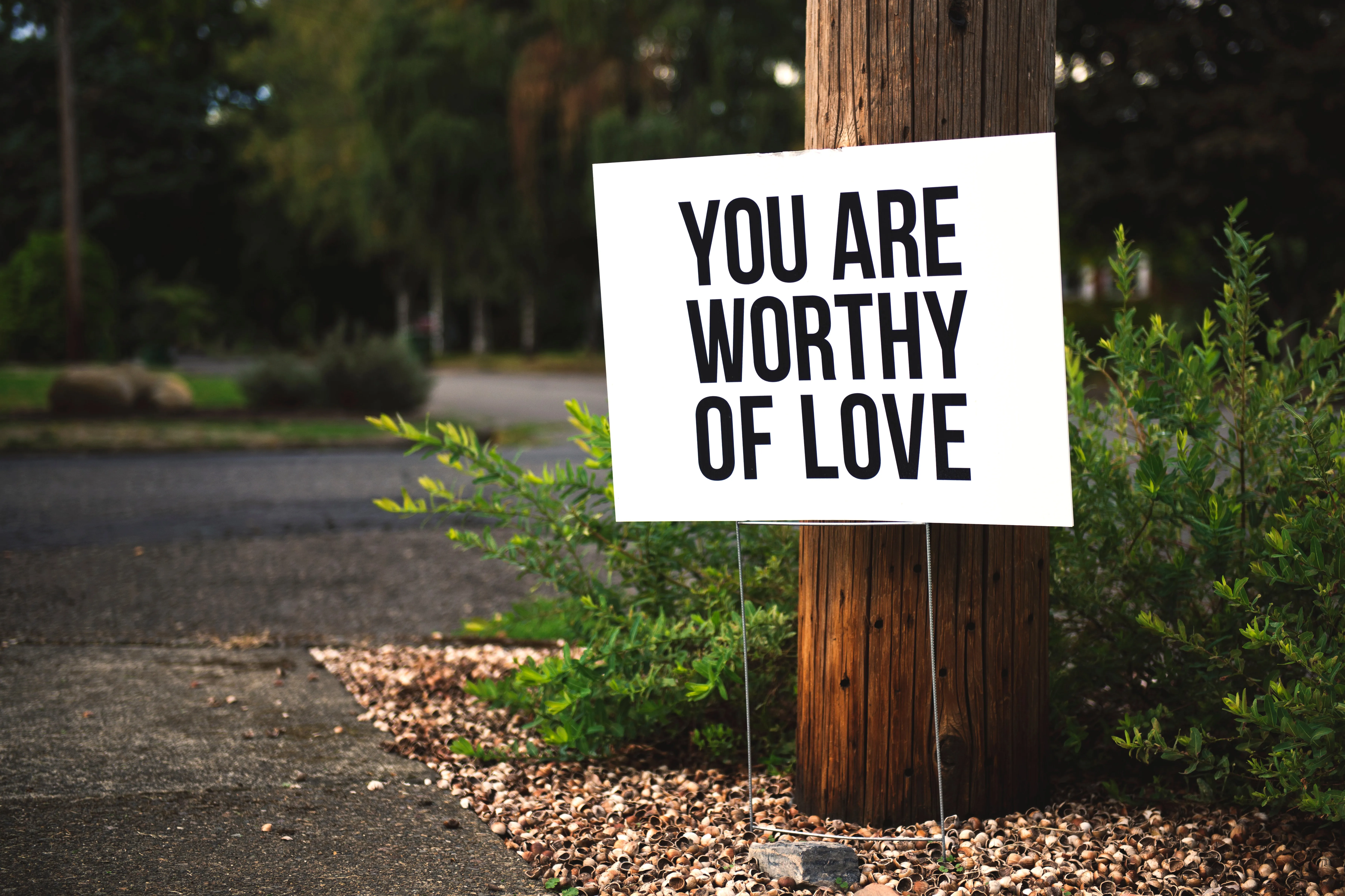 A board on the side of the road saying you are worthy of love