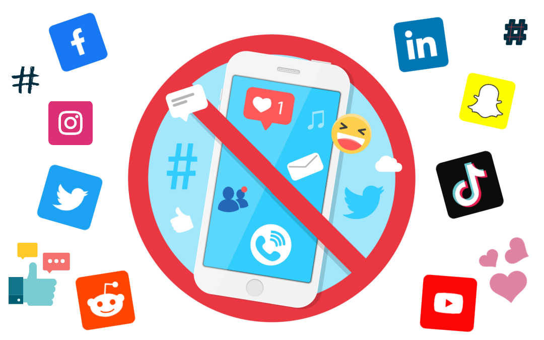 An animation showing different social media logos and a ban on phone