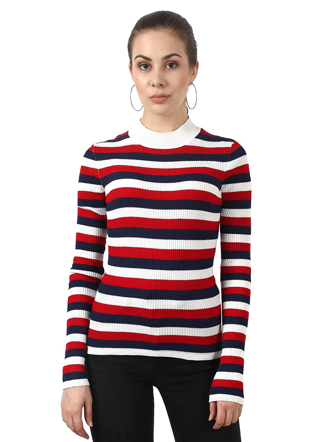 Model wearing a striped sweater