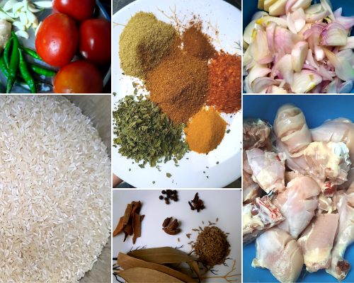 A picture with all biryani ingredients. Rice, chicken, spices, tomatoes, chillies, onions.