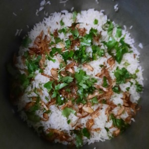 rice with coriander and fried onions in a container